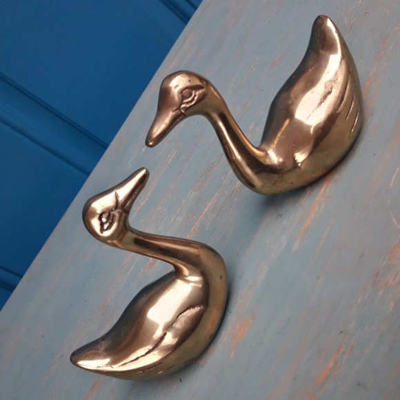 Brass Ducks Geese Set of 2 Vintage Figurine Birds Animals MCM Mid Century Gold - Picture 2 of 16